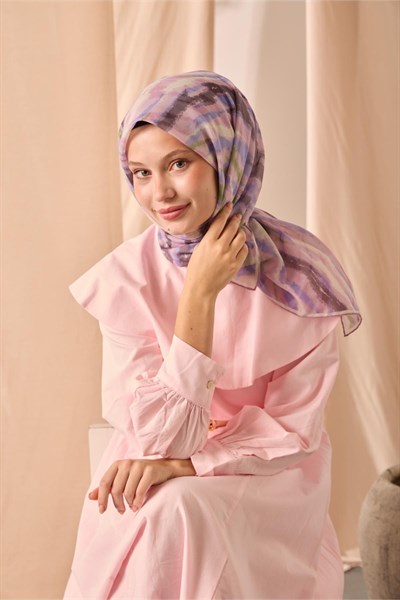 Soft Pamuk Eşarp Tozpembe Yeşil Mor Krem Desenli 90x90
