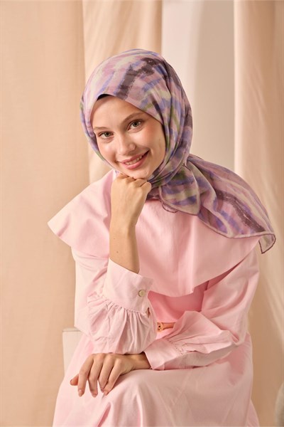 Soft Pamuk Eşarp Tozpembe Yeşil Mor Krem Desenli 90x90