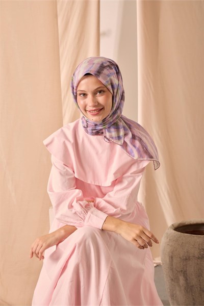 Soft Pamuk Eşarp Tozpembe Yeşil Mor Krem Desenli 90x90