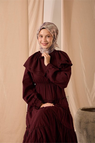 Soft Pamuk Eşarp Vizon Mor Somon Desenli 90x90