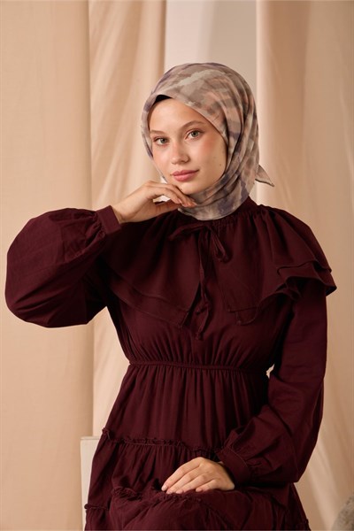 Soft Pamuk Eşarp Vizon Mor Somon Desenli 90x90