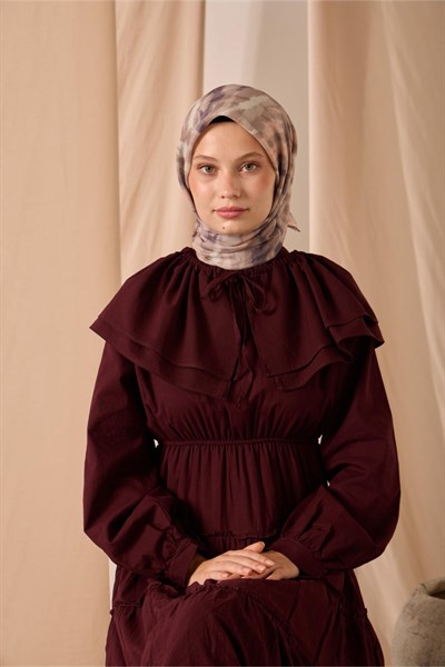 Soft Pamuk Eşarp Vizon Mor Somon Desenli 90x90