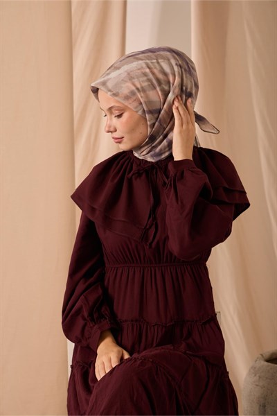Soft Pamuk Eşarp Vizon Mor Somon Desenli 90x90