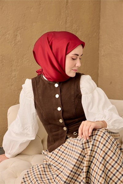 Sura İpek Eşarp Kırmızı Düz Dokulu Kaymaz Yüzeyli 90x90