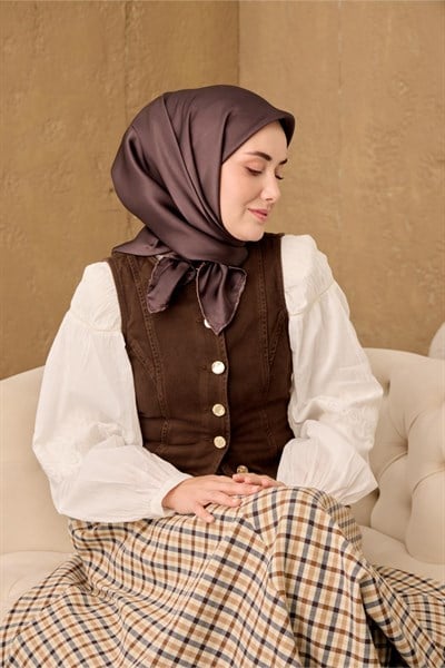 Sura İpek Eşarp Küllü Kahve Düz Renk Tok Duruşlu 90x90