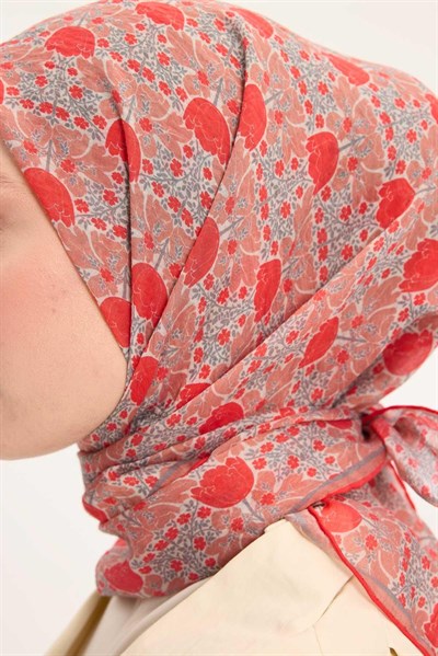 Tencel Monare Eşarp Bahar Desen Canlı Kırmızı 90X90