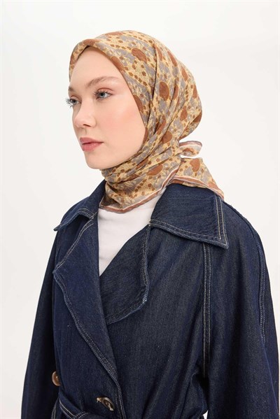 Tencel Monare Eşarp Bahar Desen Kahverengi 90X90