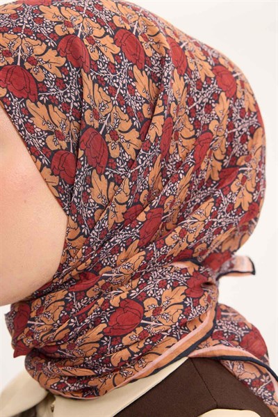 Tencel Monare Eşarp Bahar Desen Kiremit Kırmızı 90X90