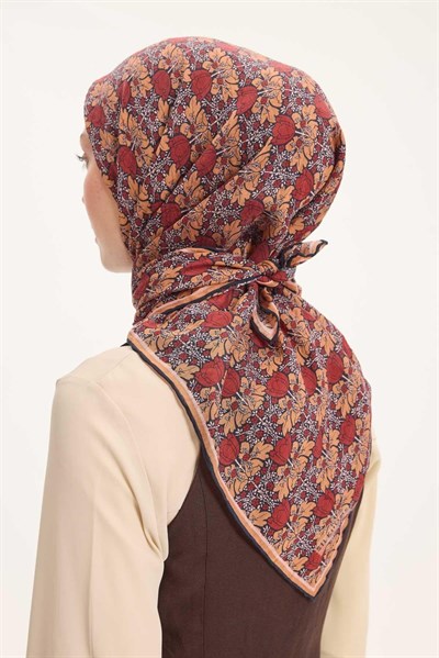 Tencel Monare Eşarp Bahar Desen Kiremit Kırmızı 90X90