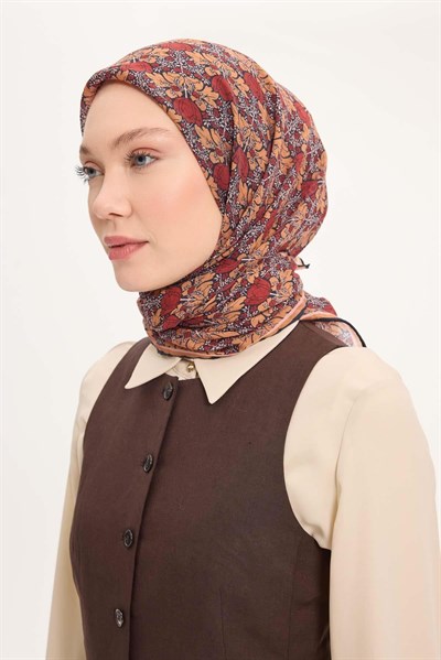 Tencel Monare Eşarp Bahar Desen Kiremit Kırmızı 90X90