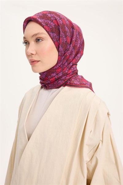 Tencel Monare Eşarp Bahar Desen Kırmızı Mor 90X90