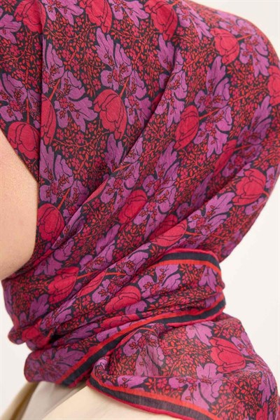 Tencel Monare Eşarp Bahar Desen Kırmızı Mor 90X90