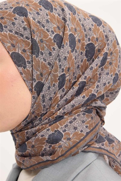 Tencel Monare Eşarp Bahar Desen Koyu Gri 90X90