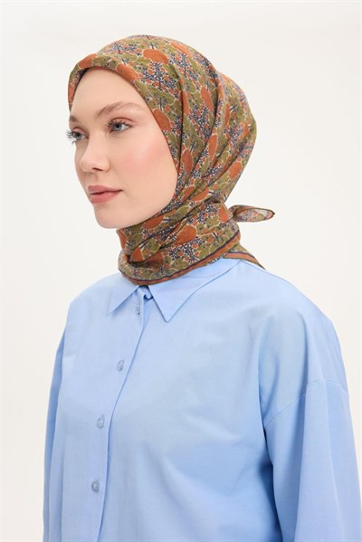 Tencel Monare Eşarp Bahar Desen Koyu Turuncu 90X90