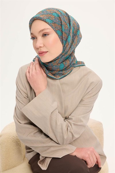 Tencel Monare Eşarp Bahar Desen Petrol Yeşili 90X90