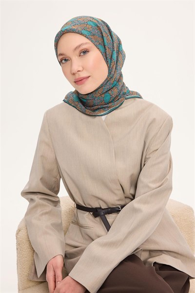 Tencel Monare Eşarp Bahar Desen Petrol Yeşili 90X90