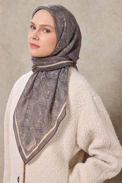 Tencel Monare Eşarp Etnik Desen Koyu Gri 90X90