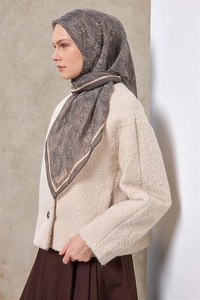 Tencel Monare Eşarp Etnik Desen Koyu Gri 90X90