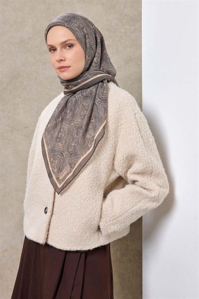 Tencel Monare Eşarp Etnik Desen Koyu Gri 90X90