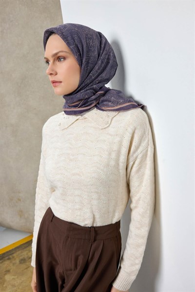 Tencel Monare Eşarp Etnik Desen Mor 90X90