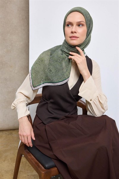 Tencel Monare Eşarp Etnik Desen Yeşil 90X90