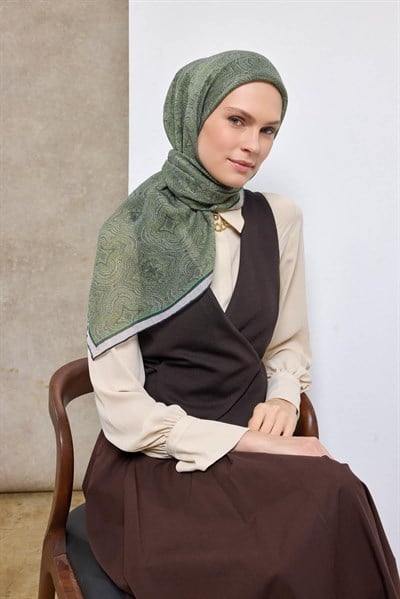 Tencel Monare Eşarp Etnik Desen Yeşil 90X90