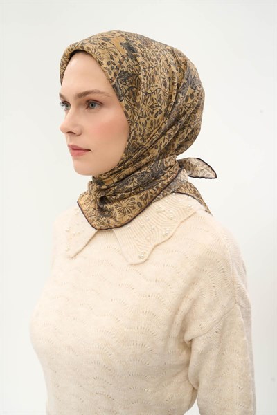 Tencel Monare Eşarp Floral Desen Açık Gold 90X90