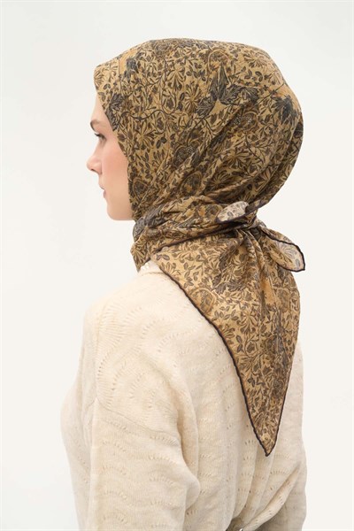 Tencel Monare Eşarp Floral Desen Açık Gold 90X90