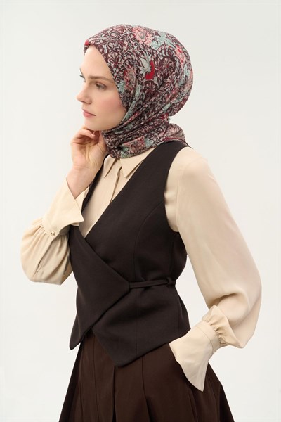 Tencel Monare Eşarp Floral Desen Bordo 90X90