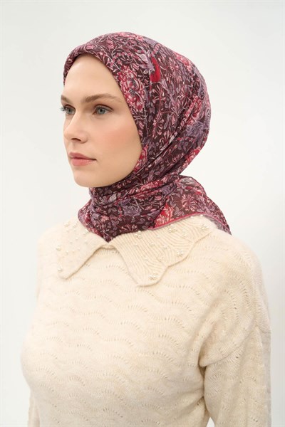 Tencel Monare Eşarp Floral Desen Bordo 90X90
