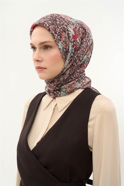 Tencel Monare Eşarp Floral Desen Bordo 90X90