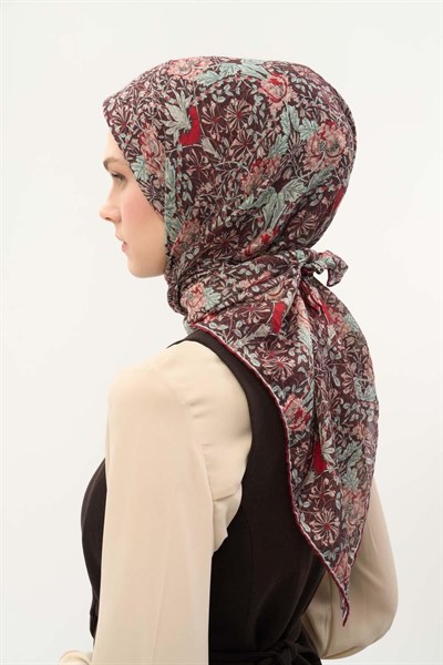 Tencel Monare Eşarp Floral Desen Bordo 90X90