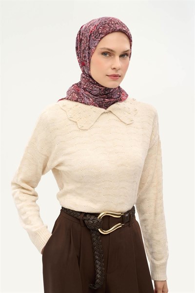 Tencel Monare Eşarp Floral Desen Bordo 90X90
