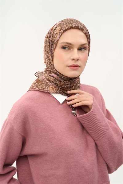 Tencel Monare Eşarp Floral Desen Çikolata Kahve 90X90