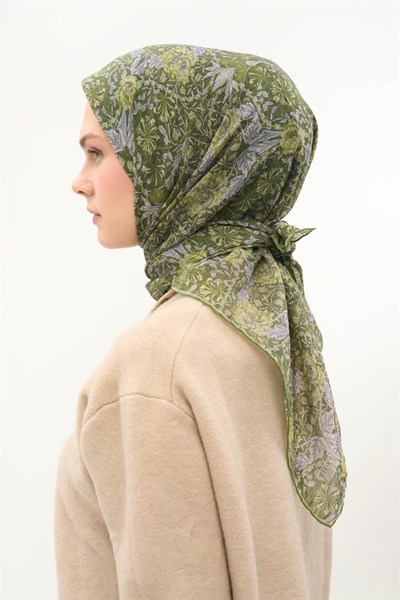 Tencel Monare Eşarp Floral Desen Çimen Yeşili 90X90