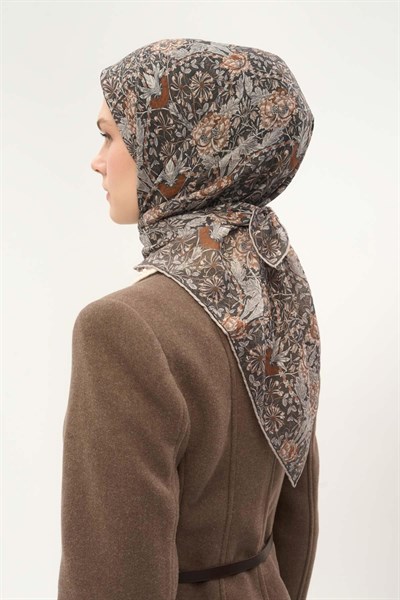 Tencel Monare Eşarp Floral Desen Füme 90X90