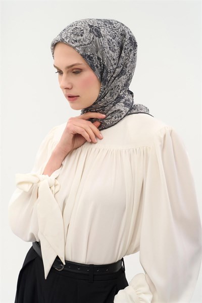 Tencel Monare Eşarp Floral Desen Gri 90X90