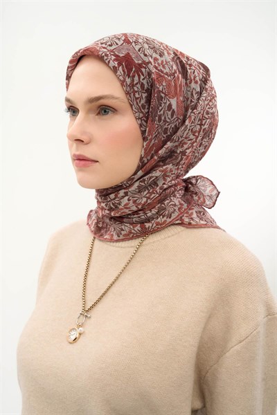 Tencel Monare Eşarp Floral Desen Gümüş 90X90