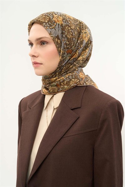 Tencel Monare Eşarp Floral Desen Kahve Yeşil 90X90