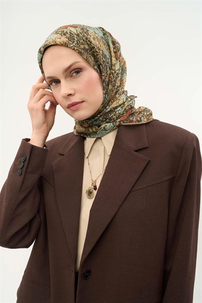 Tencel Monare Eşarp Floral Desen Kahverengi 90X90