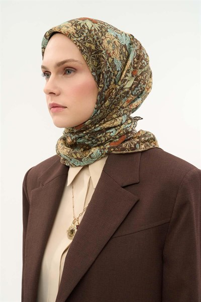 Tencel Monare Eşarp Floral Desen Kahverengi 90X90