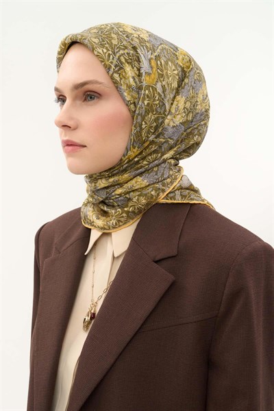 Tencel Monare Eşarp Floral Desen Kına Yeşili 90X90