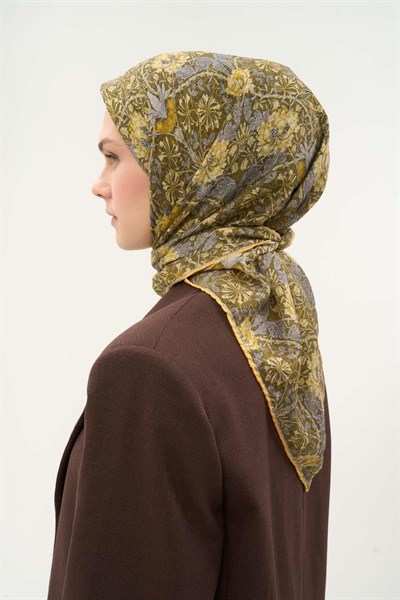 Tencel Monare Eşarp Floral Desen Kına Yeşili 90X90
