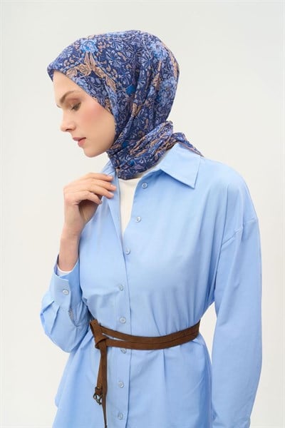 Tencel Monare Eşarp Floral Desen Koyu Mavi 90X90
