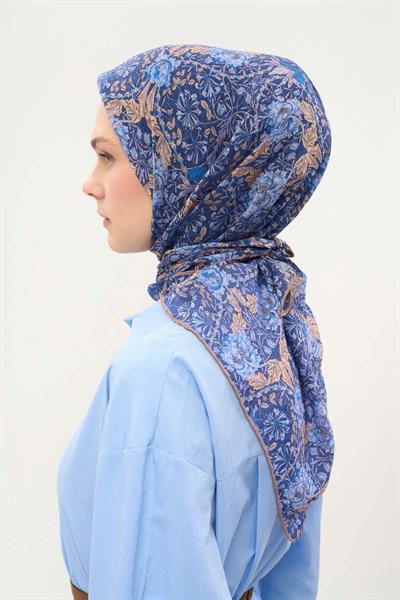 Tencel Monare Eşarp Floral Desen Koyu Mavi 90X90