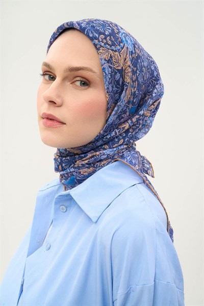 Tencel Monare Eşarp Floral Desen Koyu Mavi 90X90