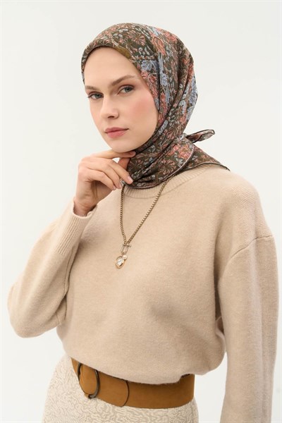 Tencel Monare Eşarp Floral Desen Koyu Yeşil 90X90