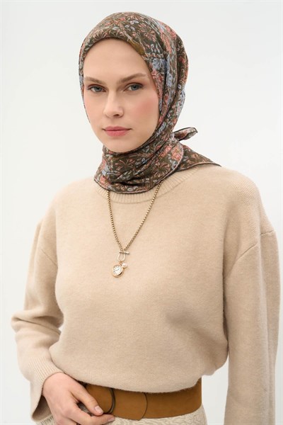 Tencel Monare Eşarp Floral Desen Koyu Yeşil 90X90