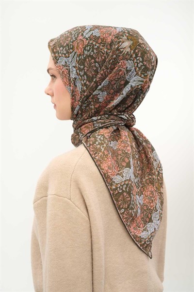 Tencel Monare Eşarp Floral Desen Koyu Yeşil 90X90