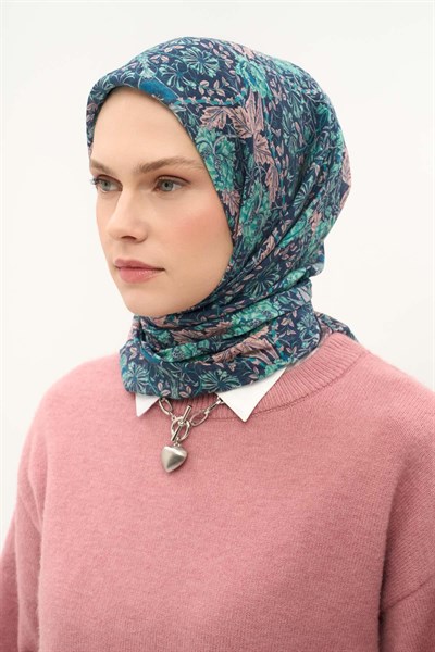 Tencel Monare Eşarp Floral Desen Petrol Yeşili 90X90